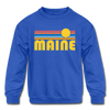 Maine Youth Sweatshirt - Retro Sunrise Youth Maine Crewneck Sweatshirt - royal blue