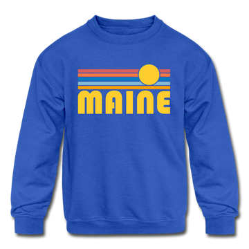 Maine Youth Sweatshirt - Retro Sunrise Youth Maine Crewneck Sweatshirt - royal blue