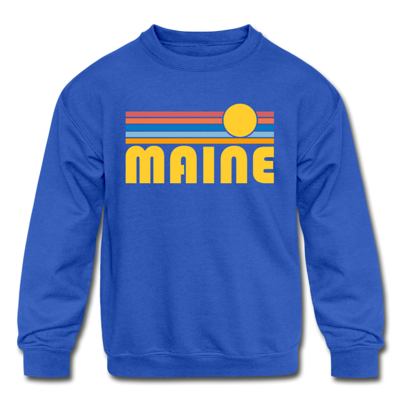 Maine Youth Sweatshirt - Retro Sunrise Youth Maine Crewneck Sweatshirt - royal blue