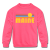 Maine Youth Sweatshirt - Retro Sunrise Youth Maine Crewneck Sweatshirt - neon pink