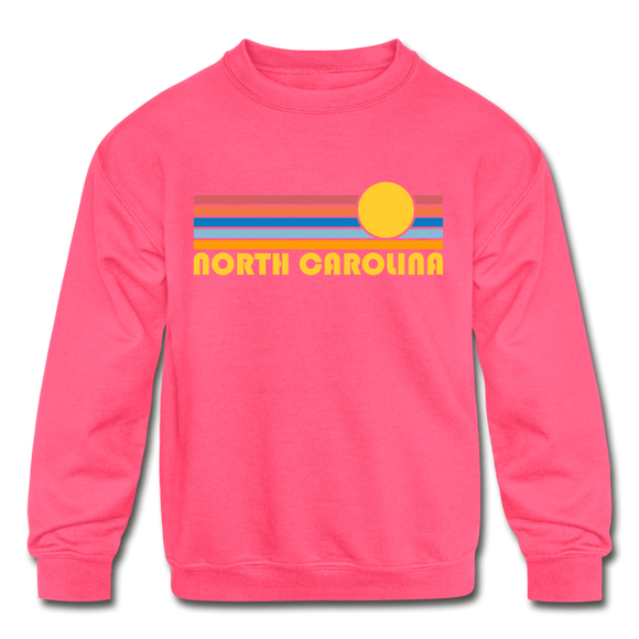 North Carolina Youth Sweatshirt - Retro Sunrise Youth North Carolina Crewneck Sweatshirt - neon pink