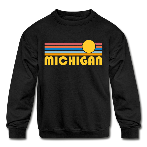Michigan Youth Sweatshirt - Retro Sunrise Youth Michigan Crewneck Sweatshirt - black