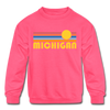 Michigan Youth Sweatshirt - Retro Sunrise Youth Michigan Crewneck Sweatshirt - neon pink