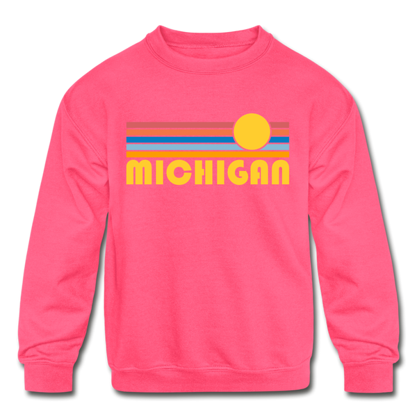 Michigan Youth Sweatshirt - Retro Sunrise Youth Michigan Crewneck Sweatshirt - neon pink