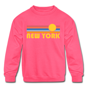 New York, New York Youth Sweatshirt - Retro Sunrise Youth New York Crewneck Sweatshirt - neon pink