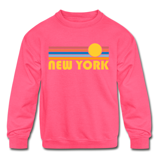 New York, New York Youth Sweatshirt - Retro Sunrise Youth New York Crewneck Sweatshirt - neon pink