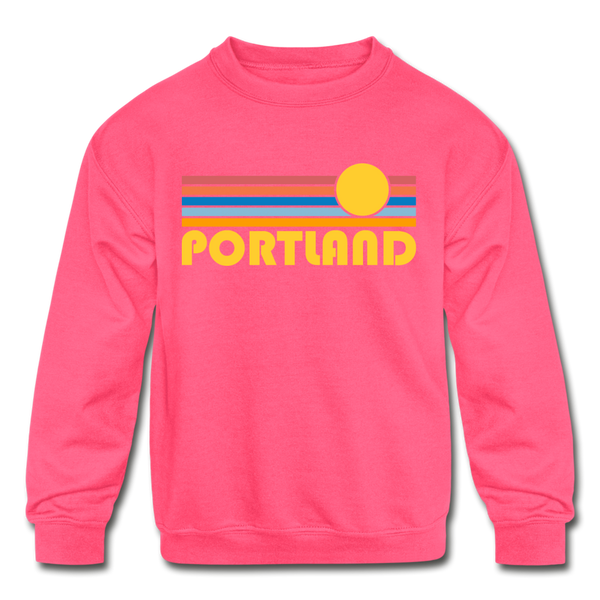 Portland, Oregon Youth Sweatshirt - Retro Sunrise Youth Portland Crewneck Sweatshirt - neon pink