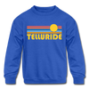 Telluride, Colorado Youth Sweatshirt - Retro Sunrise Youth Telluride Crewneck Sweatshirt - royal blue