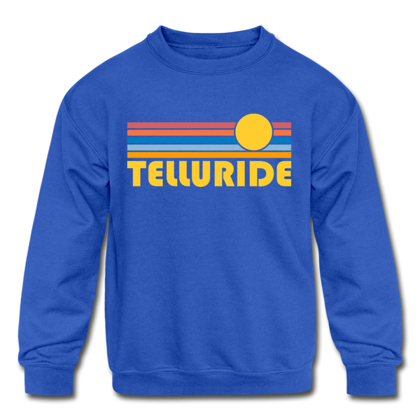 Telluride, Colorado Youth Sweatshirt - Retro Sunrise Youth Telluride Crewneck Sweatshirt - royal blue