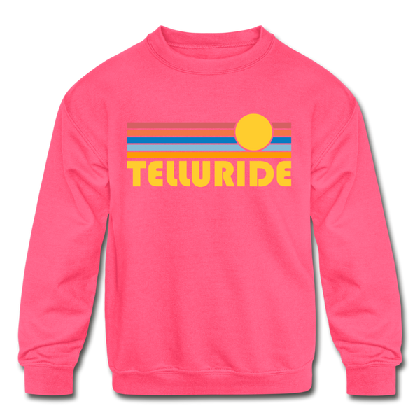 Telluride, Colorado Youth Sweatshirt - Retro Sunrise Youth Telluride Crewneck Sweatshirt - neon pink