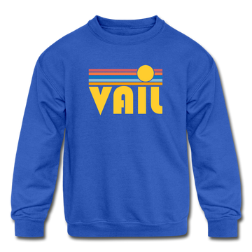 Vail, Colorado Youth Sweatshirt - Retro Sunrise Youth Vail Crewneck Sweatshirt - royal blue