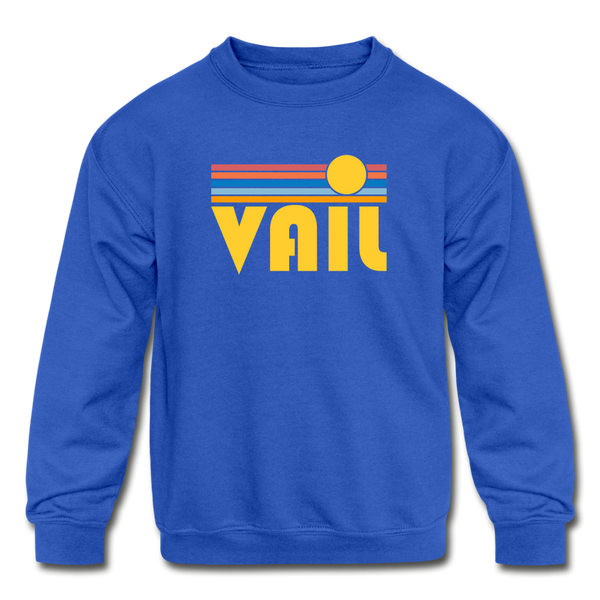 Vail, Colorado Youth Sweatshirt - Retro Sunrise Youth Vail Crewneck Sweatshirt - royal blue