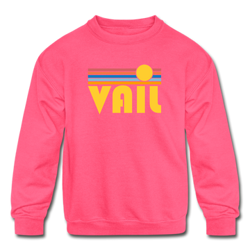 Vail, Colorado Youth Sweatshirt - Retro Sunrise Youth Vail Crewneck Sweatshirt - neon pink