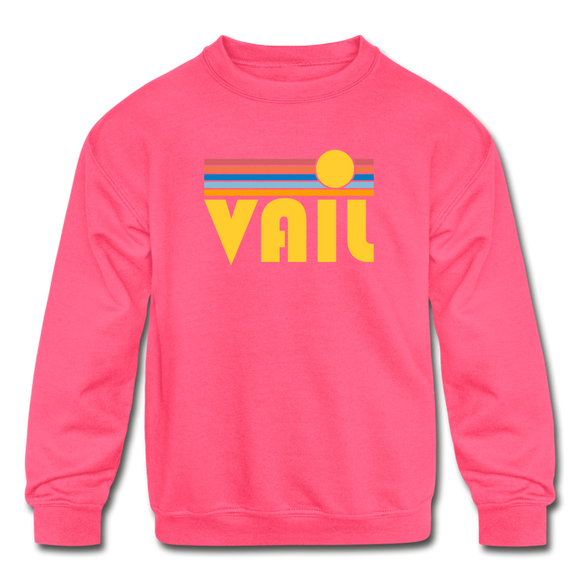 Vail, Colorado Youth Sweatshirt - Retro Sunrise Youth Vail Crewneck Sweatshirt - neon pink
