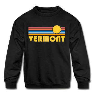 Vermont Youth Sweatshirt - Retro Sunrise Youth Vermont Crewneck Sweatshirt - black