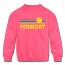 Vermont Youth Sweatshirt - Retro Sunrise Youth Vermont Crewneck Sweatshirt - neon pink