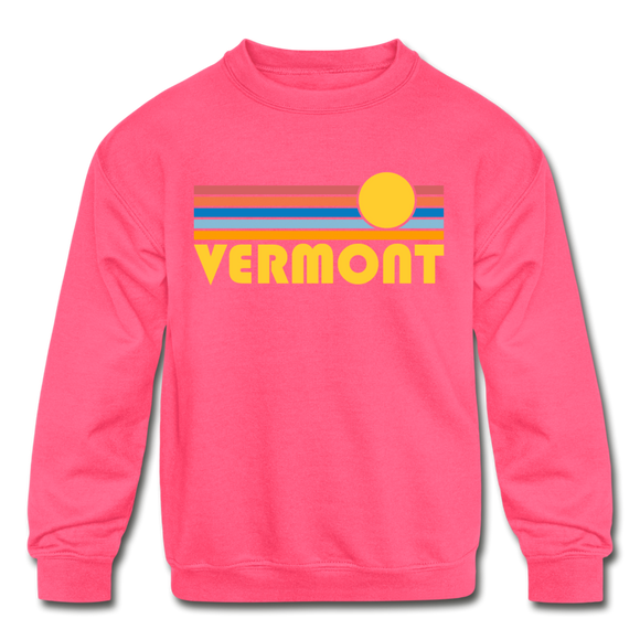 Vermont Youth Sweatshirt - Retro Sunrise Youth Vermont Crewneck Sweatshirt - neon pink