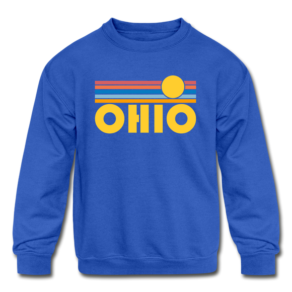 Ohio Youth Sweatshirt - Retro Sunrise Youth Ohio Crewneck Sweatshirt - royal blue