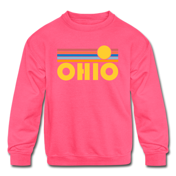 Ohio Youth Sweatshirt - Retro Sunrise Youth Ohio Crewneck Sweatshirt - neon pink