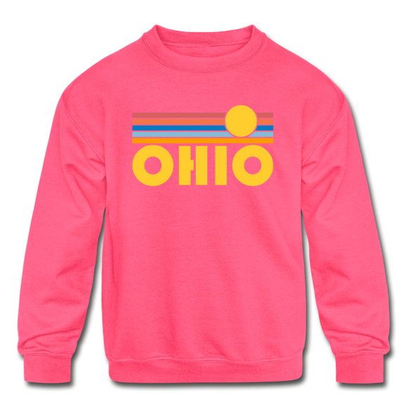Ohio Youth Sweatshirt - Retro Sunrise Youth Ohio Crewneck Sweatshirt - neon pink
