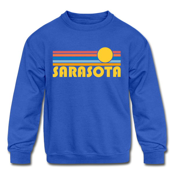 Sarasota, Florida Youth Sweatshirt - Retro Sunrise Youth Sarasota Crewneck Sweatshirt - royal blue