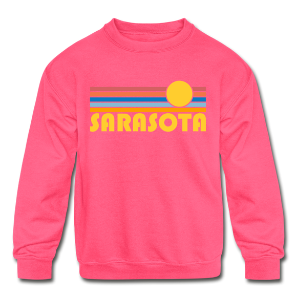 Sarasota, Florida Youth Sweatshirt - Retro Sunrise Youth Sarasota Crewneck Sweatshirt - neon pink