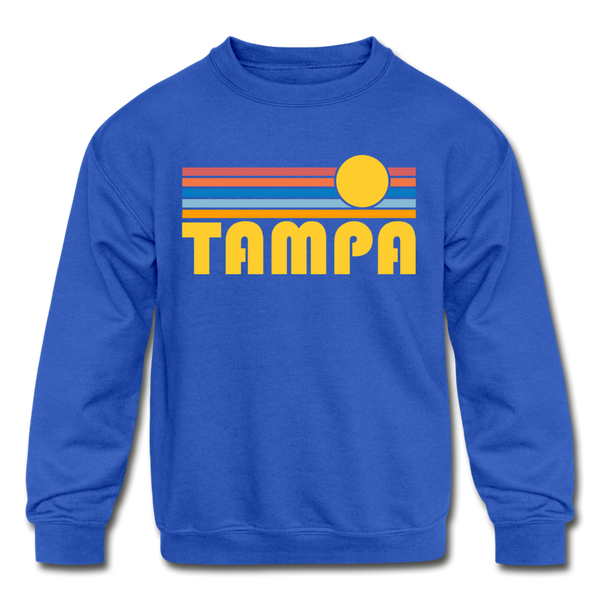 Tampa, Florida Youth Sweatshirt - Retro Sunrise Youth Tampa Crewneck Sweatshirt - royal blue