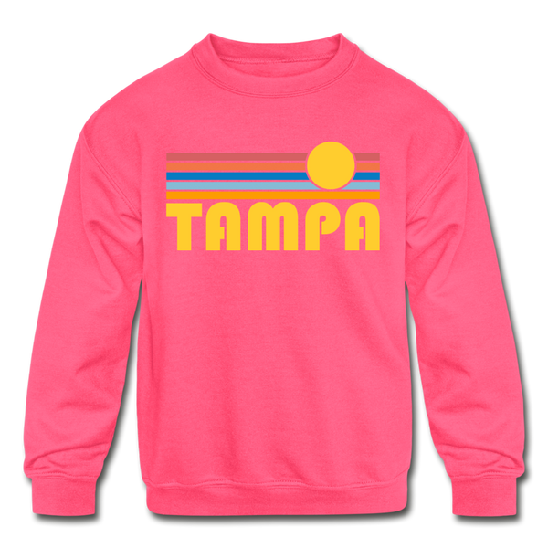 Tampa, Florida Youth Sweatshirt - Retro Sunrise Youth Tampa Crewneck Sweatshirt - neon pink