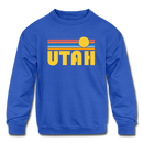 Utah Youth Sweatshirt - Retro Sunrise Youth Utah Crewneck Sweatshirt - royal blue