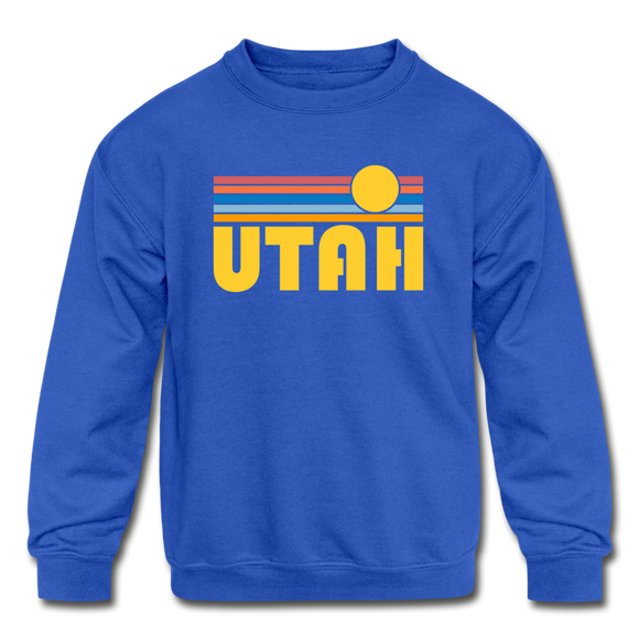 Utah Youth Sweatshirt - Retro Sunrise Youth Utah Crewneck Sweatshirt - royal blue