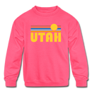 Utah Youth Sweatshirt - Retro Sunrise Youth Utah Crewneck Sweatshirt - neon pink