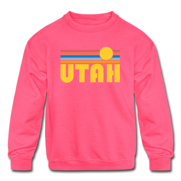 Utah Youth Sweatshirt - Retro Sunrise Youth Utah Crewneck Sweatshirt - neon pink