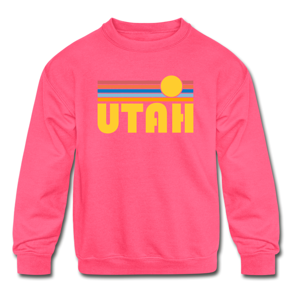 Utah Youth Sweatshirt - Retro Sunrise Youth Utah Crewneck Sweatshirt - neon pink