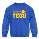 Texas Youth Sweatshirt - Retro Sunrise Youth Texas Crewneck Sweatshirt - royal blue