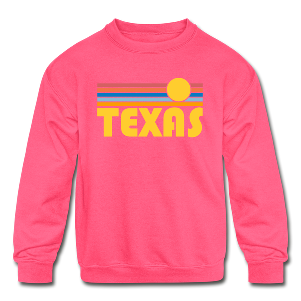 Texas Youth Sweatshirt - Retro Sunrise Youth Texas Crewneck Sweatshirt - neon pink