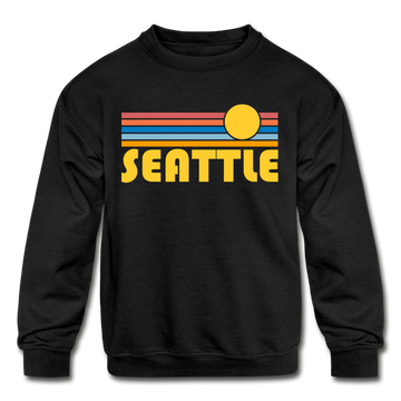 Seattle, Washington Youth Sweatshirt - Retro Sunrise Youth Seattle Crewneck Sweatshirt - black