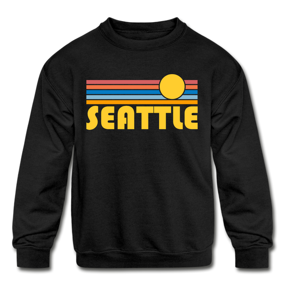 Seattle, Washington Youth Sweatshirt - Retro Sunrise Youth Seattle Crewneck Sweatshirt - black