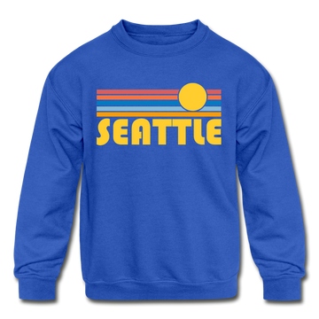 Seattle, Washington Youth Sweatshirt - Retro Sunrise Youth Seattle Crewneck Sweatshirt - royal blue