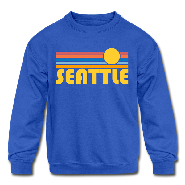 Seattle, Washington Youth Sweatshirt - Retro Sunrise Youth Seattle Crewneck Sweatshirt - royal blue