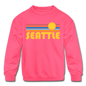 Seattle, Washington Youth Sweatshirt - Retro Sunrise Youth Seattle Crewneck Sweatshirt - neon pink