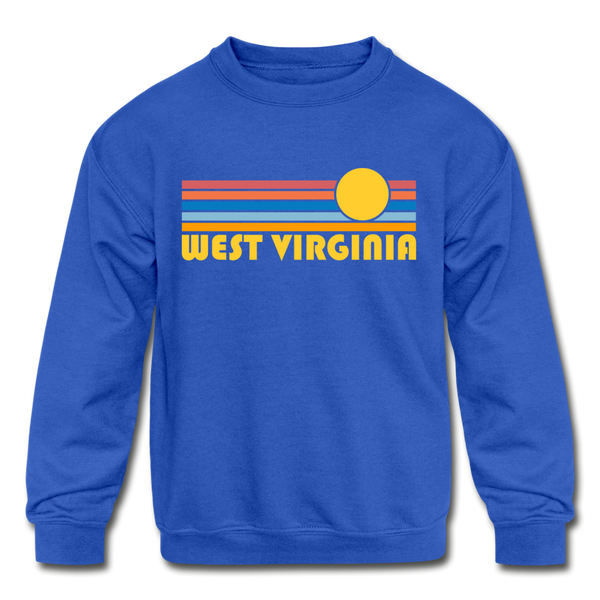 West Virginia Youth Sweatshirt - Retro Sunrise Youth West Virginia Crewneck Sweatshirt - royal blue