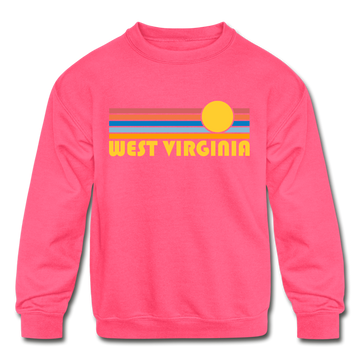 West Virginia Youth Sweatshirt - Retro Sunrise Youth West Virginia Crewneck Sweatshirt - neon pink