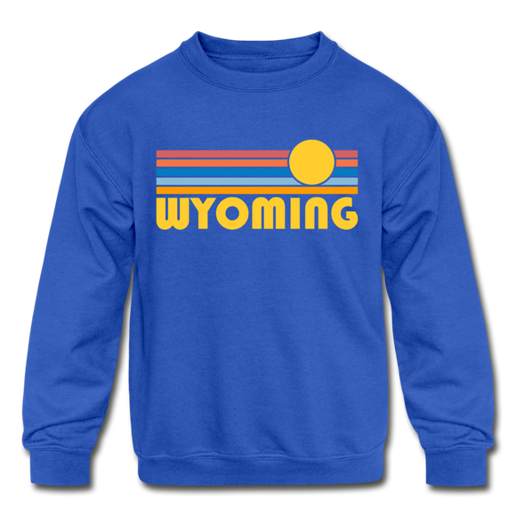 Wyoming Youth Sweatshirt - Retro Sunrise Youth Wyoming Crewneck Sweatshirt - royal blue