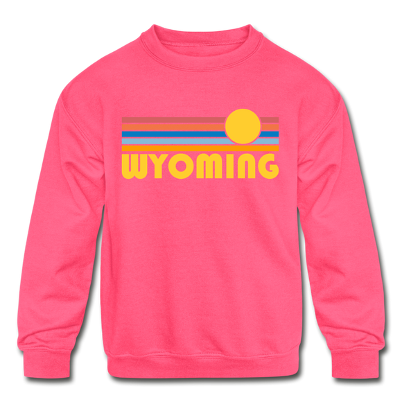 Wyoming Youth Sweatshirt - Retro Sunrise Youth Wyoming Crewneck Sweatshirt - neon pink