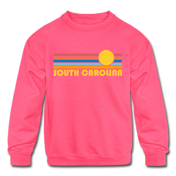 South Carolina Youth Sweatshirt - Retro Sunrise Youth South Carolina Crewneck Sweatshirt - neon pink