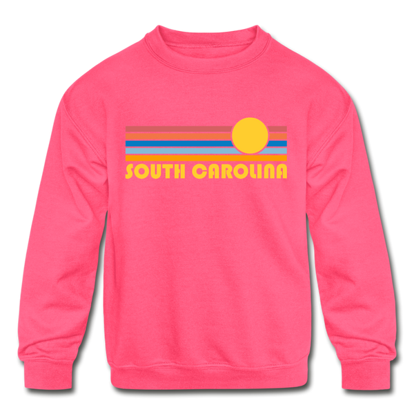 South Carolina Youth Sweatshirt - Retro Sunrise Youth South Carolina Crewneck Sweatshirt - neon pink