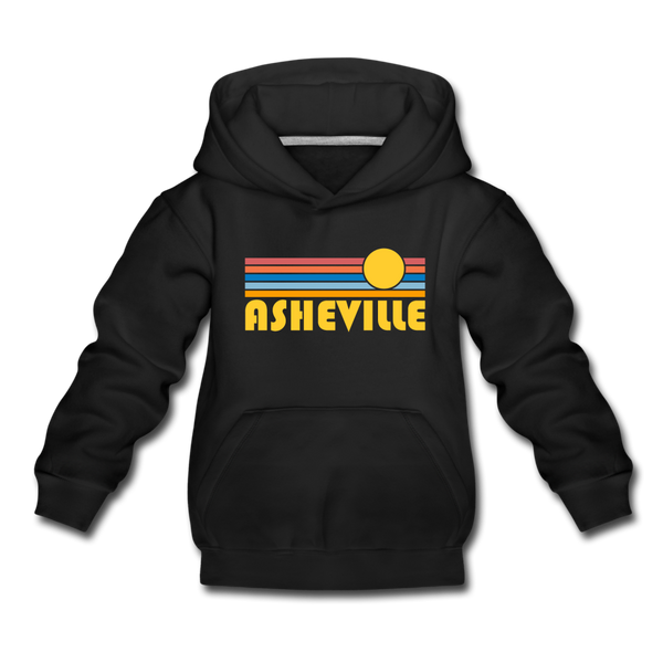Asheville, North Carolina Youth Hoodie - Retro Sunrise Youth Asheville Hooded Sweatshirt - black