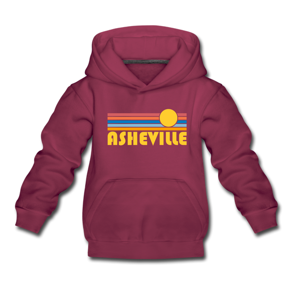 Asheville, North Carolina Youth Hoodie - Retro Sunrise Youth Asheville Hooded Sweatshirt - burgundy