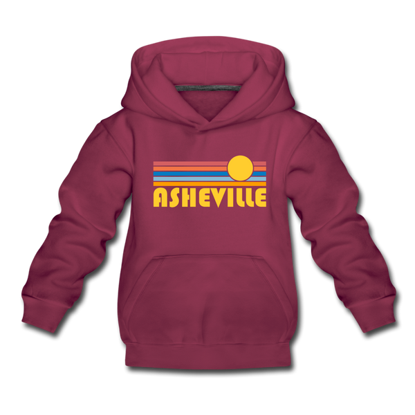 Asheville, North Carolina Youth Hoodie - Retro Sunrise Youth Asheville Hooded Sweatshirt - burgundy