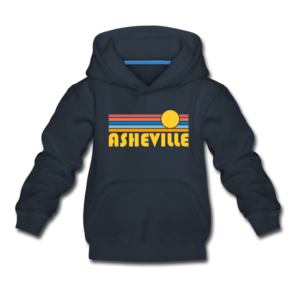 Asheville, North Carolina Youth Hoodie - Retro Sunrise Youth Asheville Hooded Sweatshirt - navy
